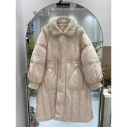 韩国中长款羽绒服女冬季韩系温柔羊羔毛领，拼接收腰白鸭绒外套