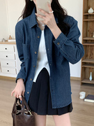 韩系牛仔布翻领衬衫，女春季宽松深蓝开衫polo领长袖，上衣小个子外套