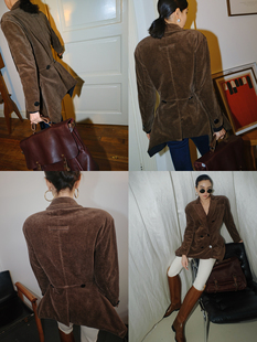 Bettychow 80年vintage棕色条绒中长款薄棉服时髦单排扣西服外套