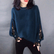 设计感小众复古灯笼袖毛衣女气质韩版宽松针织衫冬欧洲站