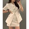 韩国chic夏季优雅v领单排扣纹理感口袋，装饰短外套，+高腰包(高腰包)臀半身裙