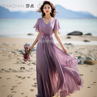 薰衣草紫色连衣裙短袖雪纺长裙收腰显瘦浪漫法式度假裙海边沙滩裙