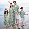 海边度假亲子装连衣裙母女装绿色图腾吊带沙滩裙父子装短袖衬衫套