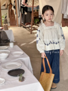 韩版儿童上衣24春女童甜美森系方领纯棉蓝色花朵刺绣娃娃衫