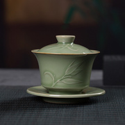 龙泉青瓷功夫茶具盖碗三才家用大号泡茶碗陶瓷，越窑带盖茶道敬茶杯