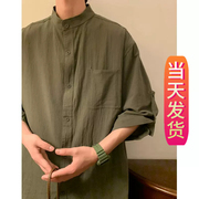新中式国风男装立领亚麻短袖衬衫夏季薄款宽松唐装中山装七分外套