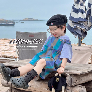 luckikids韩国童装2024男童，中小童条纹牛仔背带裤，紫色短袖t恤