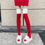 圣诞红色过膝袜女秋冬季加厚保暖高筒袜纯欲白色毛绒拼接长筒袜子