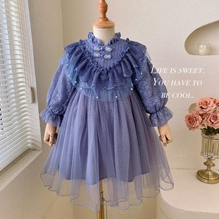 女童冬装蕾丝公主裙2022儿童连衣裙加绒加厚宝宝洋气紫色裙