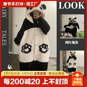 珊瑚绒睡衣女秋冬款2023睡裙厚冬季熊猫睡袍男情侣家居服套装