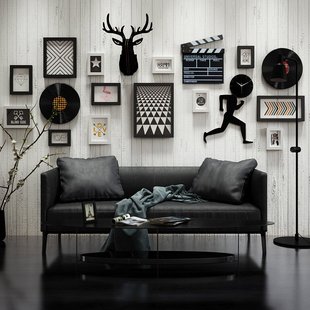 客厅沙发墙组合相框，挂墙创意挂钟照片墙，装饰北欧风电视相片墙