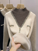 一体绒加绒加厚半高领假两件女士毛衣2023冬季拼色针织打底衫