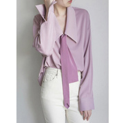 速发法式温柔气质淡粉紫尖领衬衫女设计感小众宽松长袖领结衬衣春