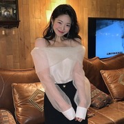 韩国chic法式浪漫一字肩超仙氛围感透明网纱拼接长袖上衣女小性感