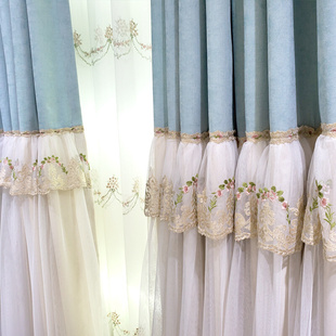 卡汀蓝色裙摆帘美式轻奢简约现代遮光窗帘北欧法式公主卧室客厅