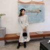春季韩版白色立领镂空明线结构分割蕾丝泡泡袖收腰长款连衣裙