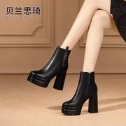 真皮圆方头厚底粗跟短靴女2024秋冬季欧美防水台超高跟马丁靴子