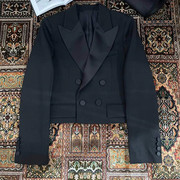 小个子黑色短款西装外套，女2023春秋高级感职业，双排扣西服上衣