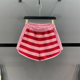 洋气粉红色条纹休闲短裤，女2024夏季松紧腰，宽松a字阔腿裤运动卫裤
