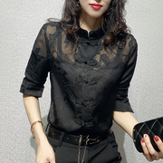 黑色衬衫女2024春季洋气镂空复古中国风盘扣上衣立领长袖衬衣