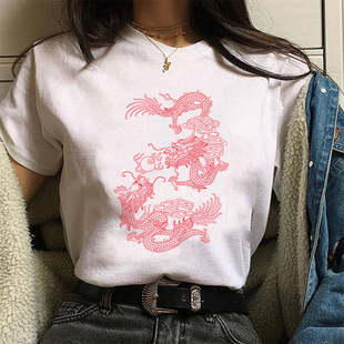 夏季中国风龙图案圆领短袖男女T恤上衣宽松women t-shirt