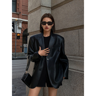 ousph黑色pu皮衣西装外套，女2023秋冬高级质感宽松小西服夹克