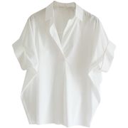 复古港味短袖衬衫女夏季洋气百搭白色衬衣宽松蝙蝠袖领上衣