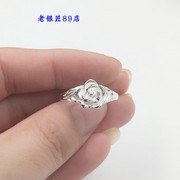 纯银白玫瑰戒指女999足银开口可调节999纯银戒指女玫瑰花朵指环