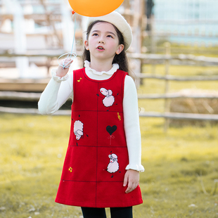 女童红色羊毛呢无袖背心裙，2024秋季洋气，公主裙子中大童连衣裙