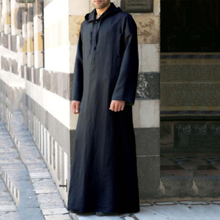迪拜男式休闲棉麻长袍男装中东沙特男式纯色袍宽松回民带帽礼拜服