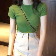 加工定制牛油果绿短袖t恤女2023夏季纯色韩版修身紧身上衣