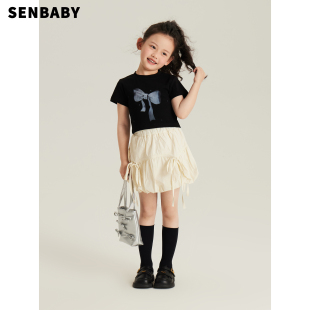 senbaby童装女童t恤女宝宝，夏季套装中大童，蝴蝶结短袖上衣+灯笼裙