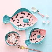 日式餐具套装手绘创意，蒸鱼盘盘子陶瓷儿童饭碗勺用碗碟