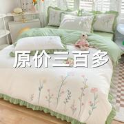 韩式花边床上用品四件套水洗棉床单，被套田园公主风刺绣被罩床笠罩