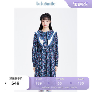 lulusmile商场同款甜美娃娃领公主裙藏青色连衣裙碎花裙