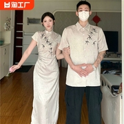 新中式情侣装夏季小众设计感短袖衬衫女旗袍连衣裙法式一裙一衣潮
