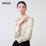MESUX米岫珍珠缎面飘带泡泡袖复古长袖衬衫上衣女MKSUD508