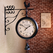 美式铁艺静音双面钟表挂钟客厅，欧式北欧创意，挂表复古工艺两面时钟