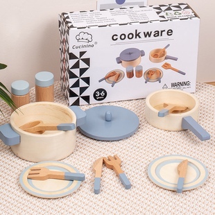 儿童木制仿真锅具厨具烘焙组合过家家厨房，烧菜切切看木质厨房玩具