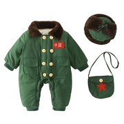 婴幼儿夹棉套装加绒加厚东北军绿大衣男女，宝宝冬季保暖连体小棉袄