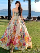 茶歇法式纯欲彩色碎花朵吊带，绑带高腰度假连衣裙波西米亚海边长裙