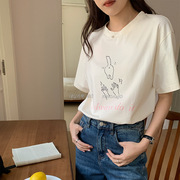 费挪olive十三行春夏韩式手绘字母印花宽松五分袖t恤女1975