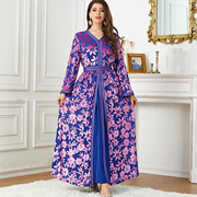 中东阿拉伯时尚秋冬印花丝绒两件套女装，连衣裙晚礼服套装3771
