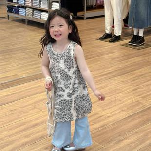 韩国童装女童豹纹背心连衣裙，2024夏季叠穿搭配喇叭裤休闲洋气