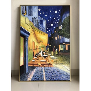 梵高夜间的咖啡馆，竖版手绘玄关过道装饰壁画，奥弗尔教堂向日葵挂画