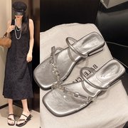 平底方头一字拖女外穿2025夏季新款淑女风水钻透明一字带露趾凉拖