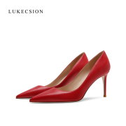 LUKECSION红色高跟鞋女2023年性感OL尖头浅口8cm细跟真皮单鞋
