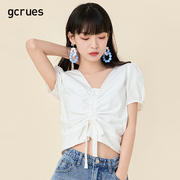 gcrues短款白色衬衫少女设计感抽褶上衣，夏短袖(夏短袖，)v领小衫泡泡袖