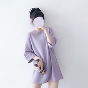 温柔紫简单圆领中长款宽松七分袖，t恤女下装消失加厚打底衫上衣