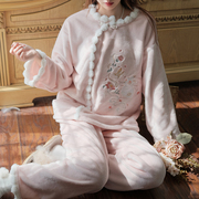 原创中国风唐装汉服刺绣，玉兔加厚法兰绒，睡衣秋冬季女士家居服套装